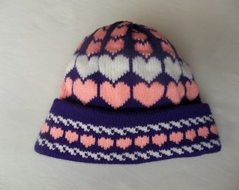 Decreasing Hearts Hat for Girls, Custom Design, Handmade, Royal Purple & Pink with White Accents