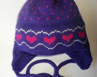 Hearts Earflap Hat, Custom Design, Handmade, Purple & Fuchsia