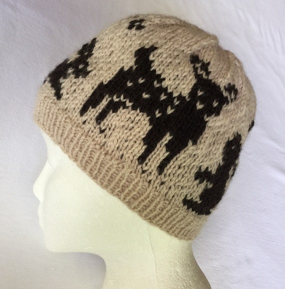 Trot Jump Run Original Design Hand Knit Three Horses Hat