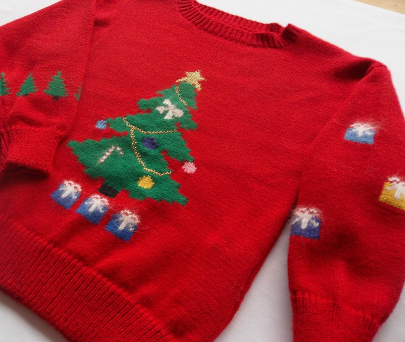 Musical Christmas Tree & Presents Sweater, Custom Design, Handmade, One of a Kind image 1
