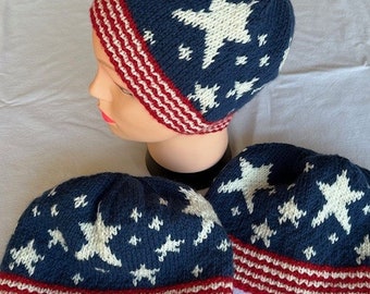 Stars & Stripes Forever Hand Knit Winter Hat, Beanie, Original Design