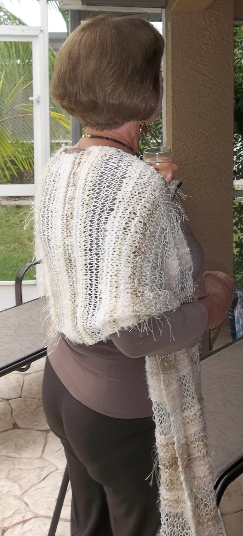 One of a Kind Fashion Shawl, Stole Hand Knit, Winter White image 1