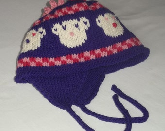 Child's Purple & Pink Earflap Hat with Polar Bear Faces, Hand Knit, Custom Design