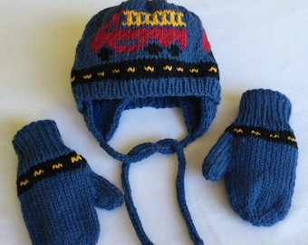 Fire Trucks Ear Flap Hat & Mittens to Match Knitting Pattern (Hat/Mittens also available in my Etsy store)