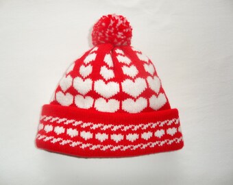 Decreasing Hearts Hat for Girls, Custom Design, Handmade, Bright Red & White