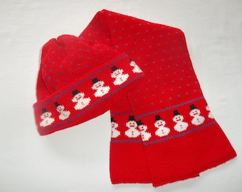 Snowmen Hat Custom Design, Handmade Red with Royal Blue Accents