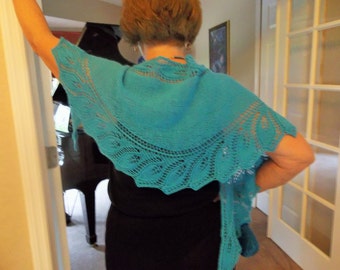 Turquoise Crescent Shaped Shawlette, Shoulderette, Hand Knit