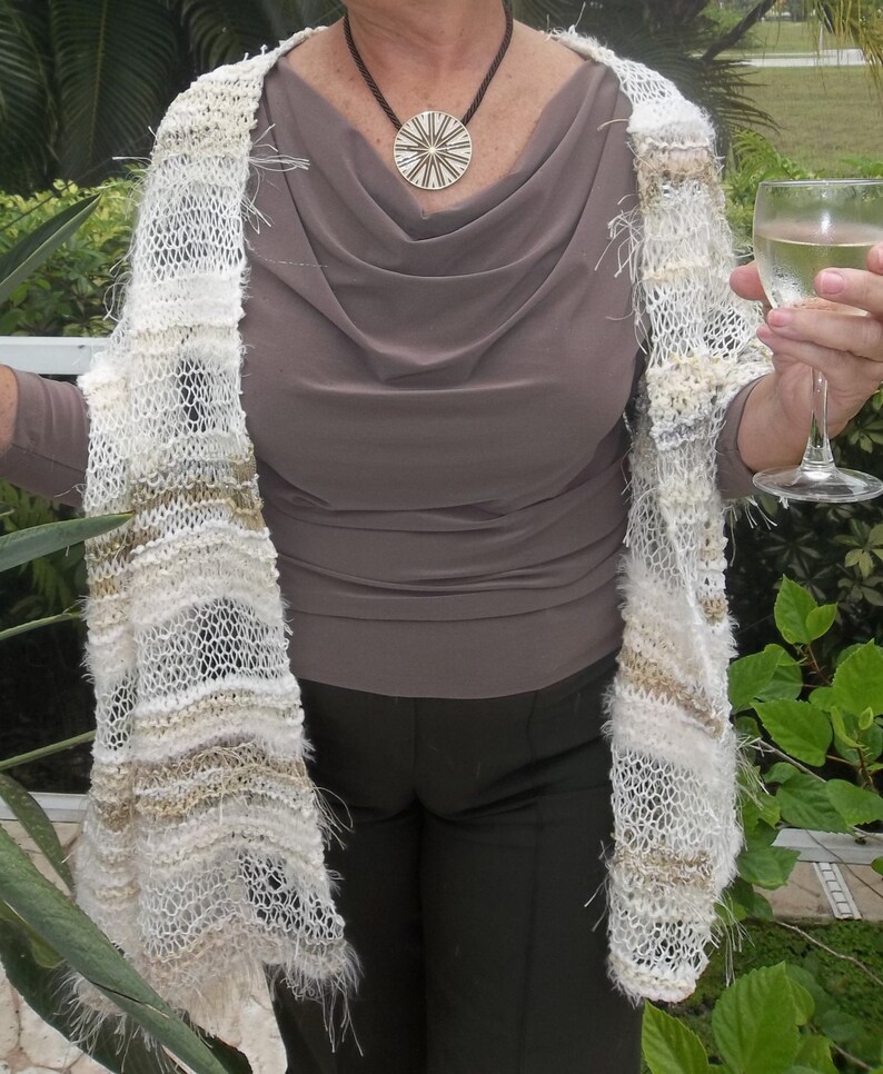 One of a Kind Fashion Shawl, Stole Hand Knit, Winter White image 5
