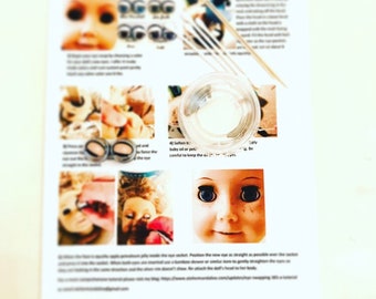 May include: A close-up of a doll's face with blue eyes and a small container of white glue. The image includes instructions for applying the eyes to a doll. The text reads "Apply a soften to baby oil or pet careful to keep the oil ... eyes."