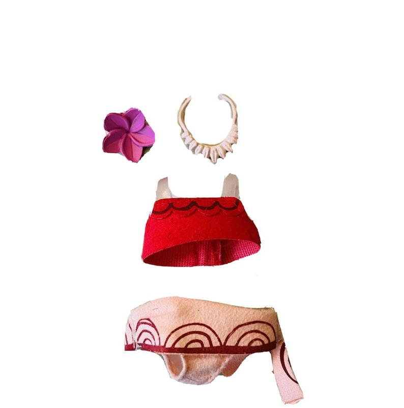 May include: A red and white doll outfit with a flower hair accessory, a white necklace, a red top with a scalloped edge, and a white skirt with a brown design.