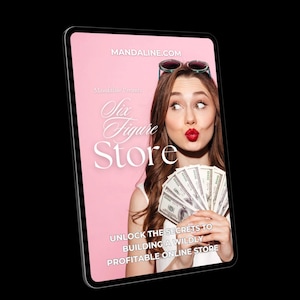 Puede incluir: Una tableta digital rosa y blanca con una mujer sosteniendo un abanico de billetes de dólar estadounidense. El texto en la tableta dice "Mandaline Presents Six Figure Store Unlock the Secrets to Building a Wildly Profitable Online Store".