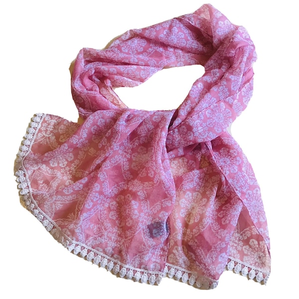 Scarf, Chiffon Scarf, Sheer Scarf, Lace Trimmed Scarf, Indian, Made in India, Pink, White, Floral, Women’s, Wrap