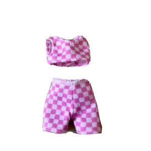 Barbie Extra Minis, Doll Outfit, 2pc, Checkered, Bike Shorts, Top, Fits 5.5” Dolls