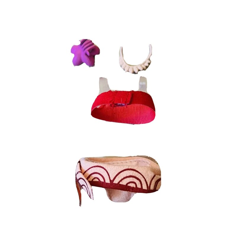 May include: A doll outfit with a red top, a white and brown skirt, a purple flower, and a white headband.