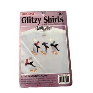 Feriado, Camisas chamativas, Lamé, Iron-On, Apliques, Kit, Pinguins de Patinação, #33152, Die Cut, 1995