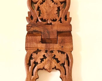 Vintage, Book Stand, Bible Stand, Hand Carved, Wooden, Indian, 1960s, 1970s, Display, Collapsible, Foldable, Tablet Stand, Cookbook Stand