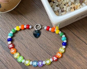 Offensive Funny Bracelet- Rainbow Beads with “KISS MY ASS” Letters & Turquoise Heart Charm