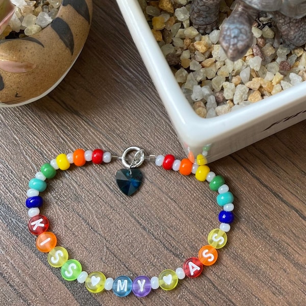 Offensive Funny Bracelet- Rainbow Beads with “KISS MY ASS” Letters & Turquoise Heart Charm