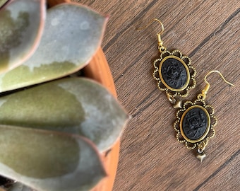 Earrings - Black Rose Cameos - Blacked Out with Bronze Puffed Hearts