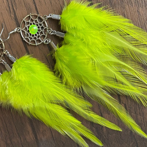 Earrings - Dream Catchers - Tribal Silver with Neon Green Rhinestones & Matching Feathers