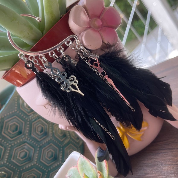 Ear Wrap- Chandelier Ear Cuff- No Pierce Earrings - Iridescent Black Feather & Clock Hands