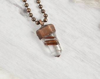 Crystal Rutilated Quartz Necklace in Copper, Earthy Vintage Style, Raw Quartz Pendant, Quartz Point Crystal Necklace, Clear Quartz Jewelry
