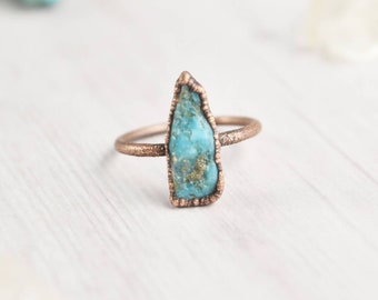Size 7 Raw Turquoise Ring, Electroformed Copper Ring, Natural Stone Ring, Statement Gemstone Ring, Rough Turquoise Jewelry