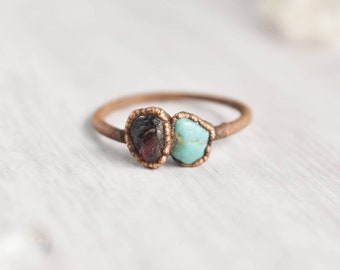 Turquoise and Garnet Ring with Copper Band, Vintage Ring Style, Raw Turquoise Ring, Multi Stone Ring, Crystal Birthstone Jewelry