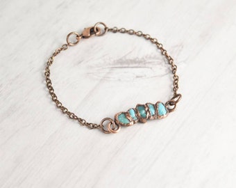 Raw Turquoise Bracelet, Electroformed Copper Bracelet, Crystal Charm Bracelet, Rough Stone Bracelet, Natural Turquoise Jewelry