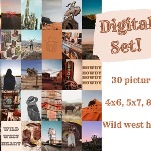 Op de afbeelding: Een digitale set van 30 afbeeldingen met een western-thema in verschillende formaten, waaronder 10x15 cm, 13x18 cm en 20x25 cm. De afbeeldingen bevatten verschillende western-motieven, waaronder cactussen, cowboylaarzen en borden met de tekst "Howdy" en "Wild West Heart".