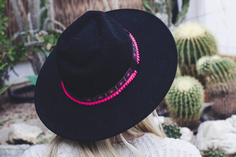 Cowboy hat band with pompom ribbon bonemian style headband Etsy