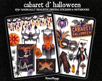 May include: Digital stickers and notebooks with a Halloween cabaret theme. The image features a collection of digitally created items, including masks, corsets, spiders, and a sign that reads "Cabaret Halloween". The color palette includes orange, purple, and black.