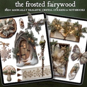 Puede incluir: Pegatinas y cuadernos digitales con temática de bosque de hadas helado. La imagen presenta una puerta de madera, cristales, una mariposa y un libro abierto con luces de hadas. El texto dice "the frosted fairywood" y "180+ pegatinas y cuadernos digitales realistas mágicos."