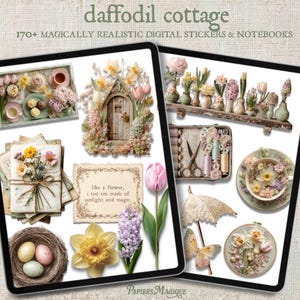 May include: Digital art featuring a collection of stickers and notebooks with a floral theme. The image includes a variety of spring flowers, teacups, and a miniature cottage. Text reads "daffodil cottage" and "170+ magically realistic digital stickers & notebooks."