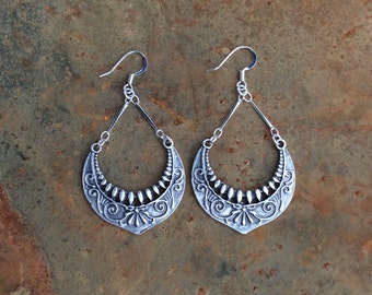 Embossed Earrings Etsy - boho earrings silvertribal earrings mandala embossed earrings gypsy ethnic cresent moon hippie earrings festival earrings hoop earrings