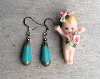 Pendientes boho turquesa, pendientes de mujer, pendientes turquesas, pendientes facetados turquesa, pendientes de vidrio checo, pendientes de gota turquesa plateada.