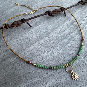 Layering Sun necklace,Boho Modern jewellery,Sun burst charm necklace,Bohemian necklace,Rustic Hippie necklace,Stacking,Indie green necklace.