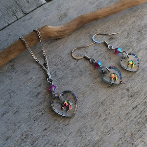 Vintage Unicorn Heart Necklace & Earrings: Swarovski Crystal Girls Jewelry