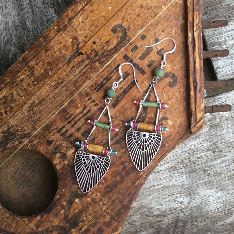 Earthy,Tribal earrings . Turquiosebuffpinksilver Boho earrings,Boho chic earrings,Hippy earrings,Bohemina earrings,Czech glass earrings