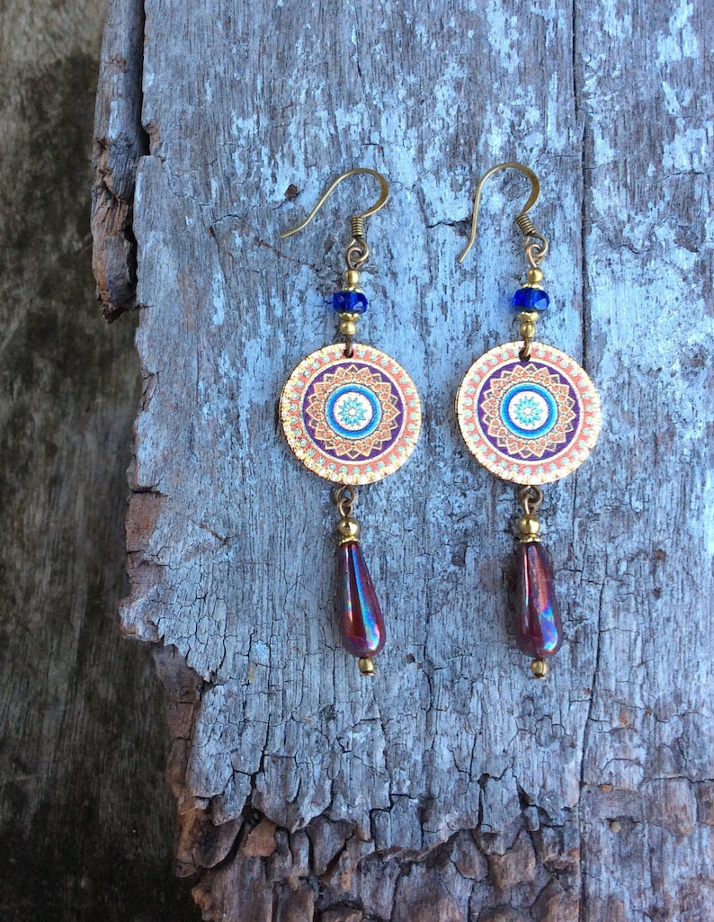 Boho earrings,Mandala earrings,Boho Chic earrings,Bluedeep purple earrings,Bohemian earrings,Czech glass earrings,Disc earrings,Ethnic.