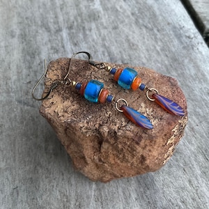 Blue Czech Glass Teardrop Earrings: Bohemian Brass Dangle Earrings
