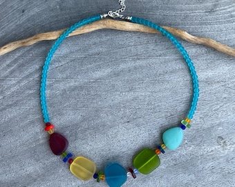 Multi-Colored Frosted Sea Glass Necklace: Bright Beach Statement accessories. Recycled glass jewellery.