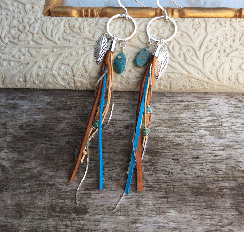 Tassels Boho Chic Earrings Natural Turquoise Tassel Statment Earrings Leather Tassel Earrings Statement Earrings Blue Leather Earrings