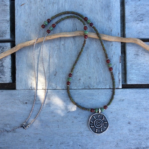 Boho Long necklace,Long necklace,Czech glass necklace,Hippie necklace,Womens jewelry,Bohemian necklace,Beaded necklace,Sun pendant necklace.