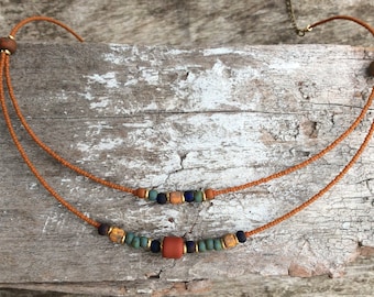 Handmade Terracotta Beaded Boho Necklace, Czech Glass beaded jewellery. Artisan Made