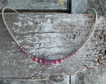 Pink Czech Glass Beaded Necklace: Artisan Boho Choker, Layering stacking Indie necklace.