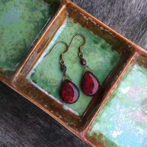 Red Teardrop Earrings: Czech Picasso Glass, Boho Dangle Earrings