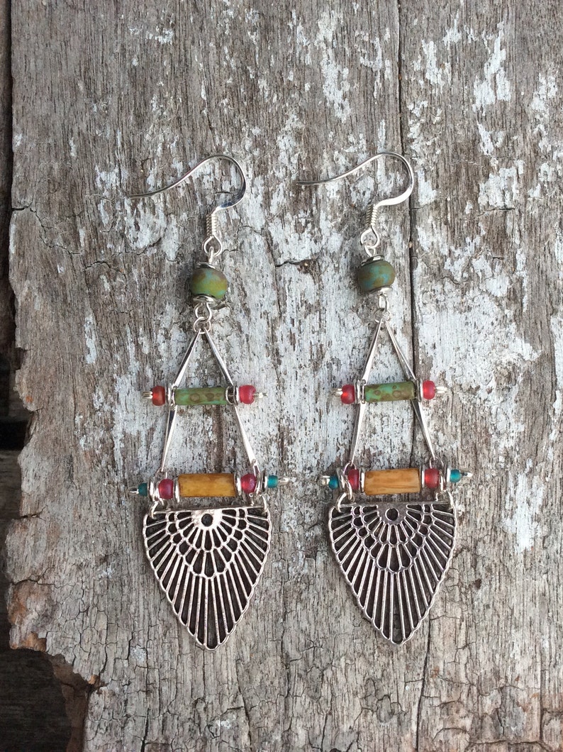Earthy,Tribal earrings . Turquiosebuffpinksilver Boho earrings,Boho chic earrings,Hippy earrings,Bohemina earrings,Czech glass earrings