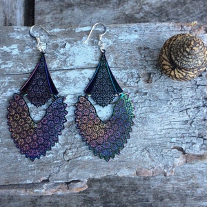 Ethnic earrings,Peacock earrings,Festival earrings,Iridescent earrings,Metallica earrings,Blue/purple/pink earrings,Statement earrings,Boho.