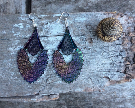 Iridescent Metallica Dangle Earrings, Anodized Copper Filigree, Boho Statement Jewellery
